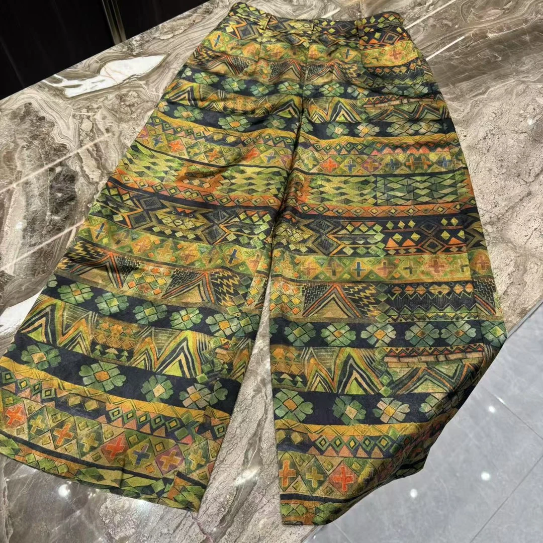 MINGGANG/名港【风情独具‌】民族风百搭高腰水缎直筒裤7710