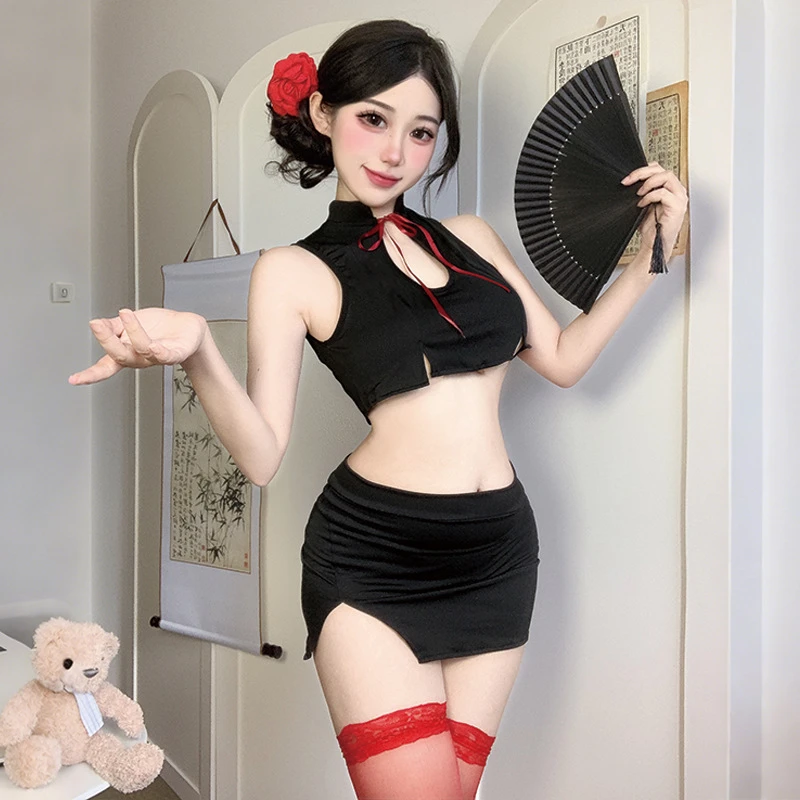 睡裙成人性感中年日系黑色ol红色蕾丝女短裙显瘦秋季复古连体镂空