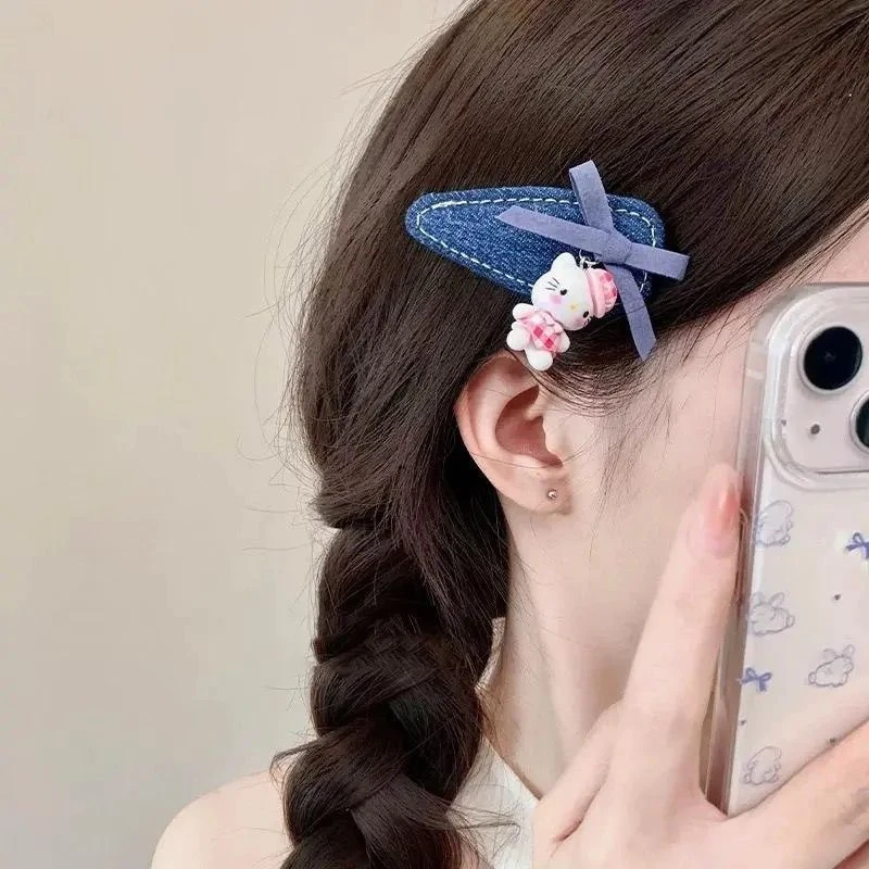 新款甜美可爱KT猫边夹发夹女牛仔头饰KT猫蓝色重工夹子卡通发饰