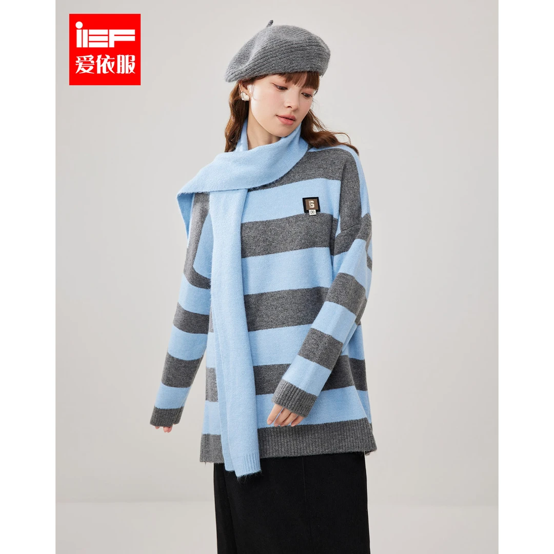 IEF/爱依服2025冬季新款韩系氛围感学院风条纹设计毛织中上衣