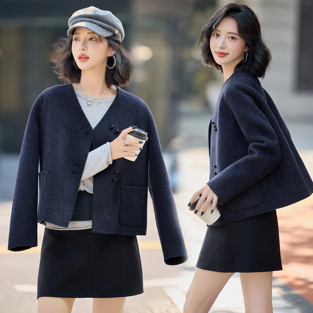 2025新款韩版小香风V领双面羊绒大衣女短款小个子气质羊毛呢外套