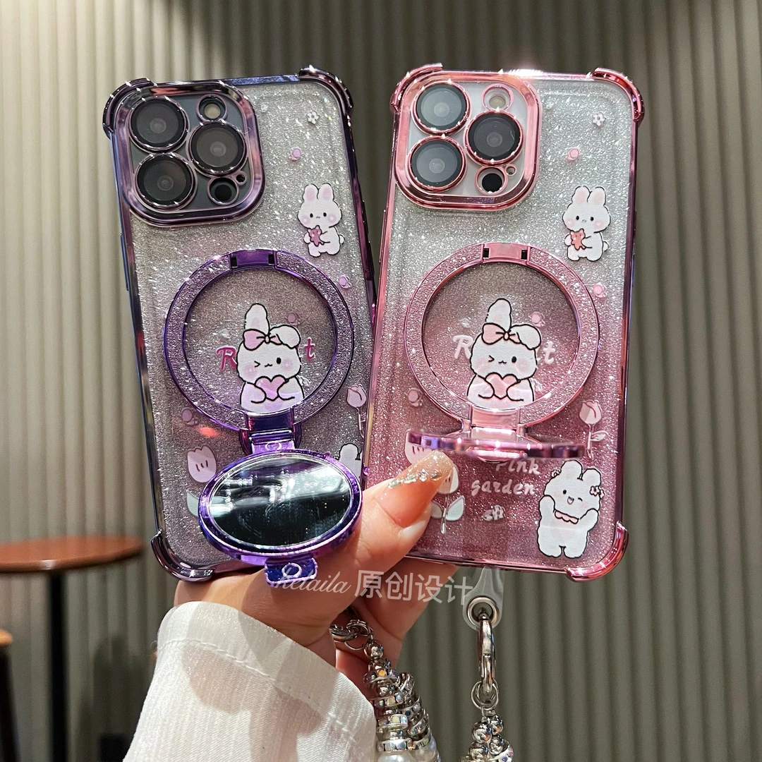 适用苹果华为荣耀OPPO小米VIVO手机壳电镀防摔软壳镜子支架兔子