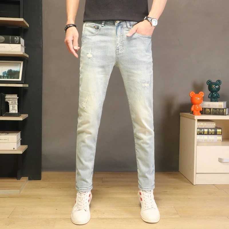 九分牛仔裤男士2025新款夏季破洞韩版潮流弹力修身小脚浅色休闲裤
