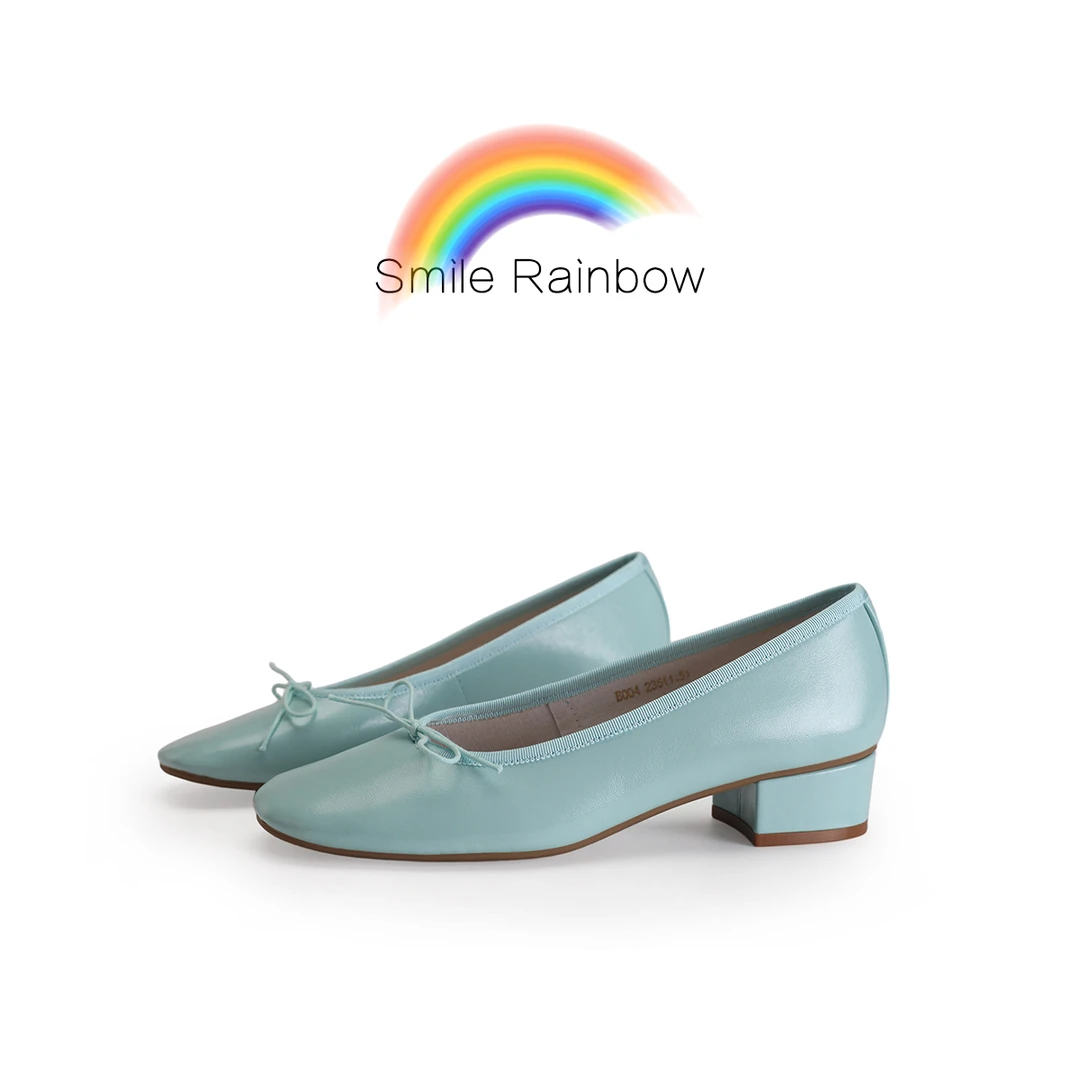 【现货】04羊皮-淡蓝 粗跟中跟浅口单鞋蝴蝶结法式百搭女鞋