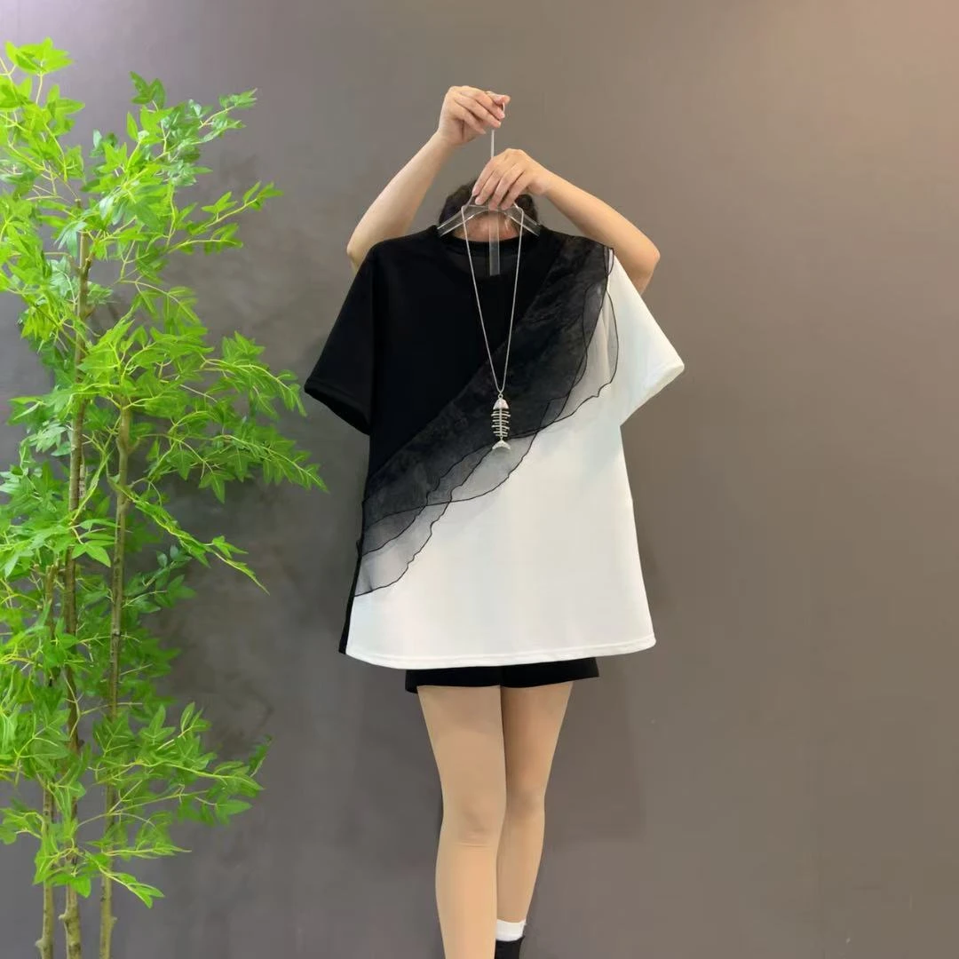 2561夏新款法式黑白撞色拼接上衣时尚设计感气质短袖t恤