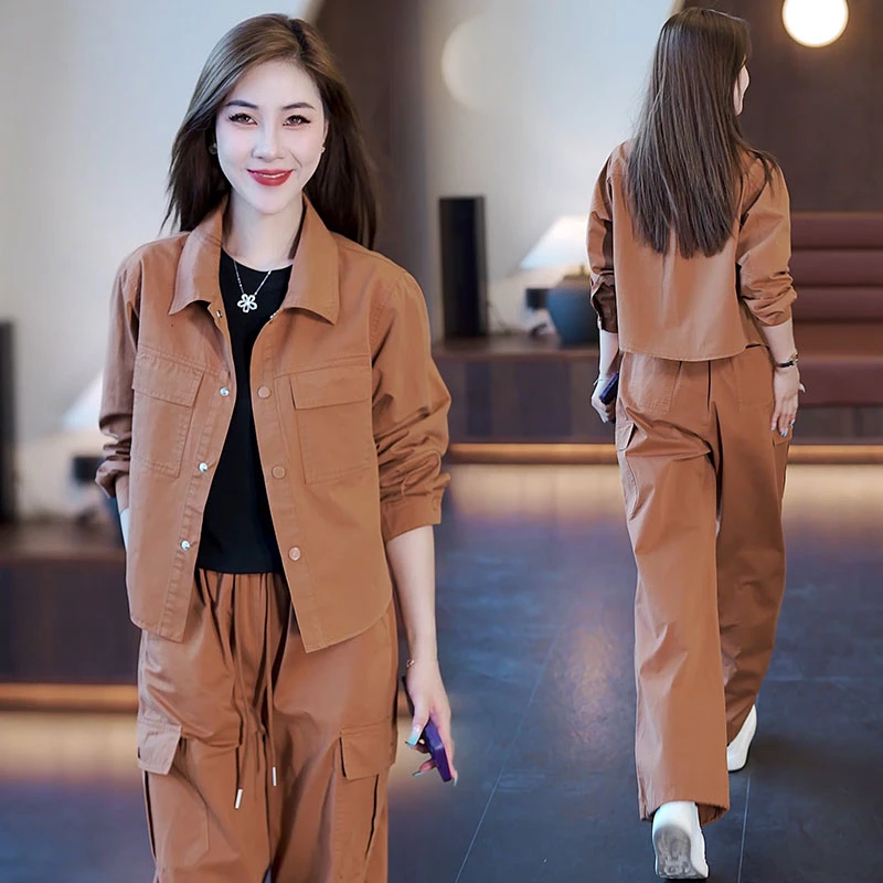 韩版通勤工装风时尚套装女2025秋季新款宽松百搭短外套长裤两件套