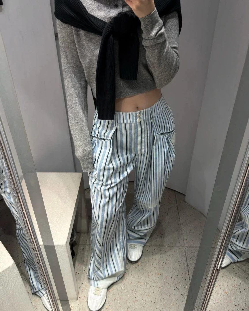 BBCUTE/ 心水蓝色条纹 复古扎染宽松条纹休闲裤