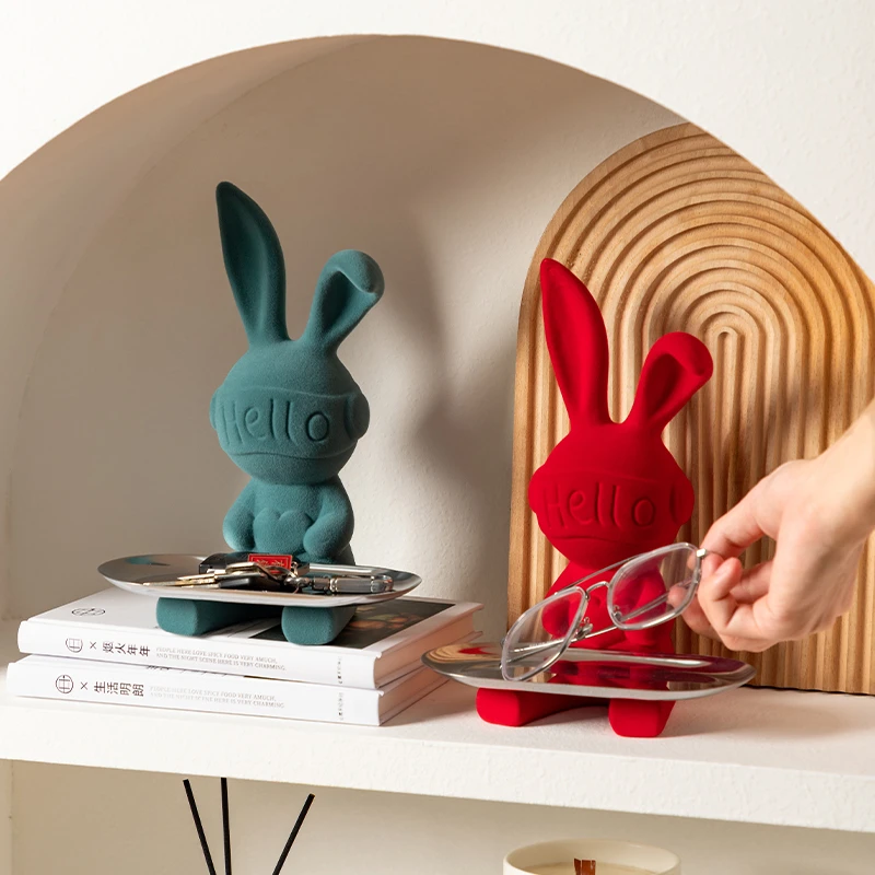 高级绒面陶瓷兔子托盘摆件收纳客厅玄关餐边柜卡通茶几卧室装饰品