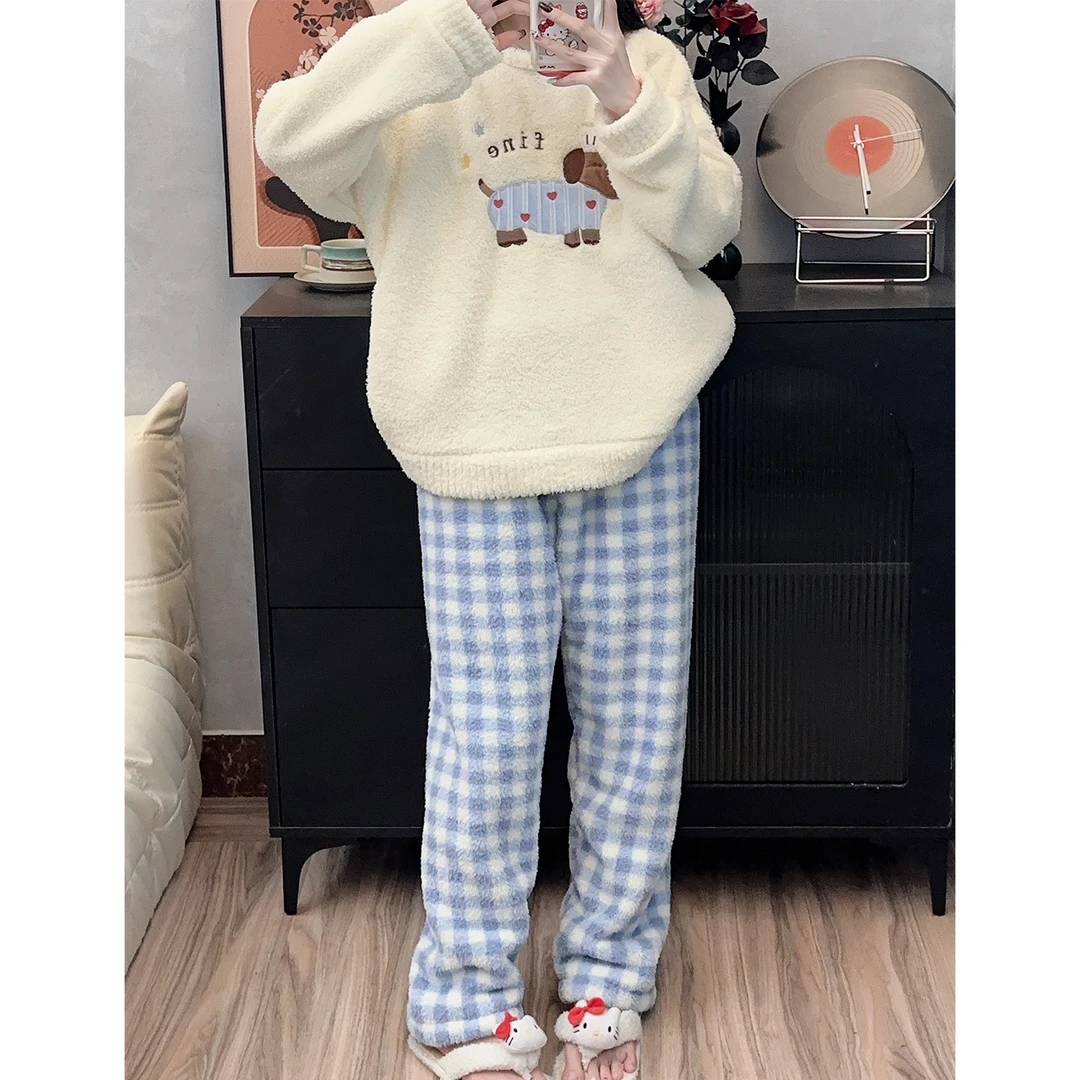 半边绒睡衣女秋冬季2025新款保暖卡通小狗套装冬天长袖网红家居服