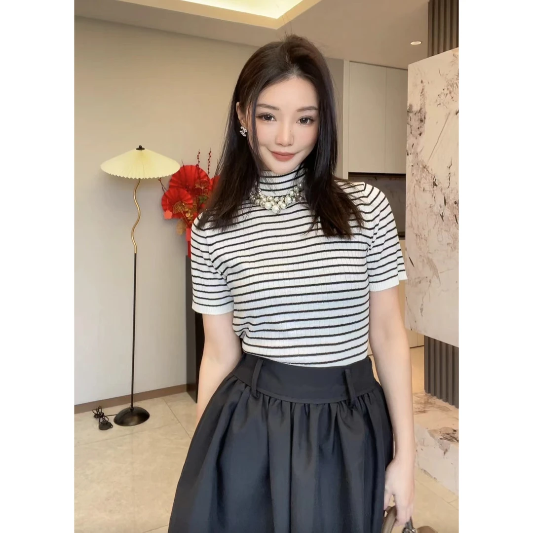 全新未使用 MaxMara JT【25早春绵羊毛+桑蚕丝】条纹高领短袖针织衫