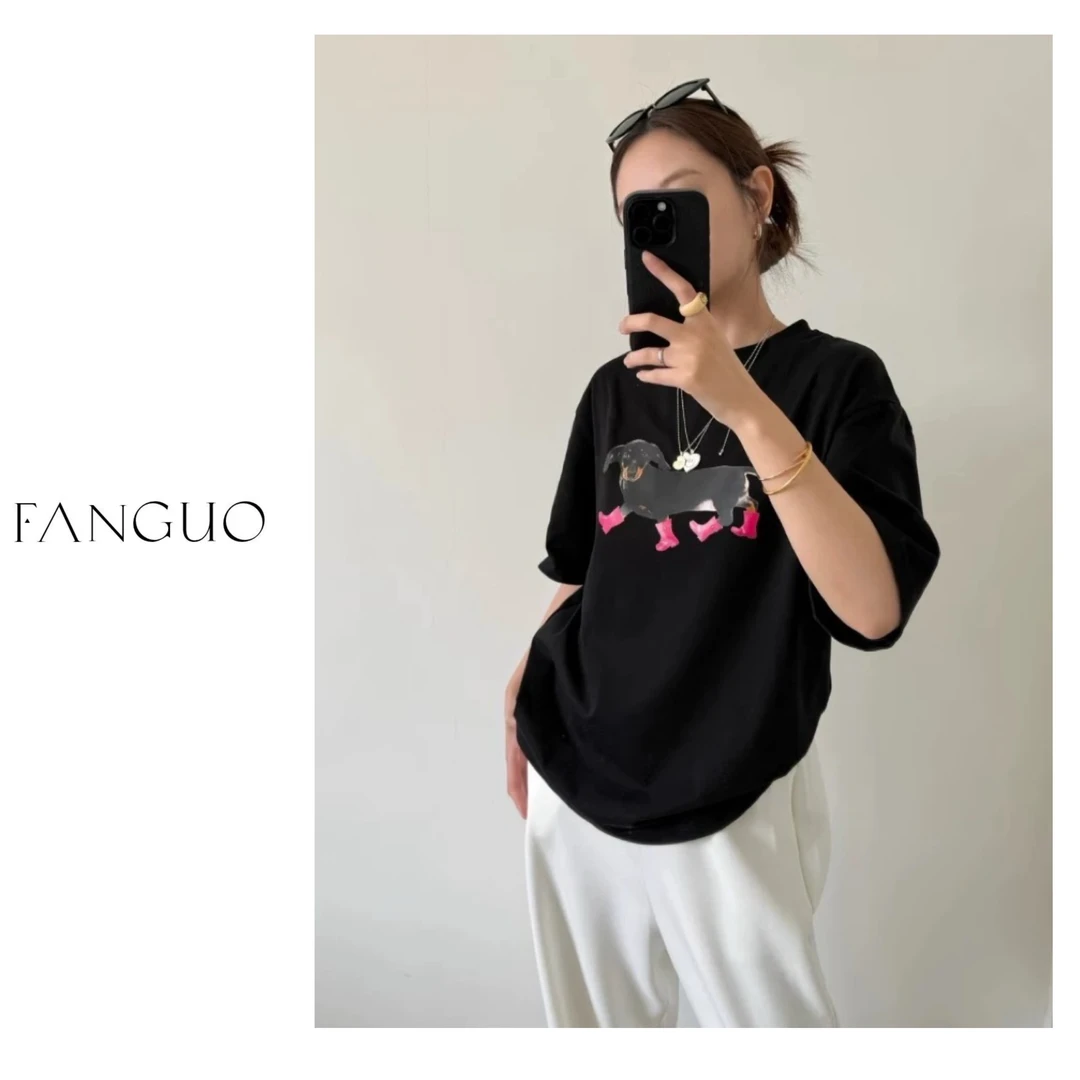 ins博主同款！小众设计款 粉色腊肠狗全棉短袖T恤女夏 B6155