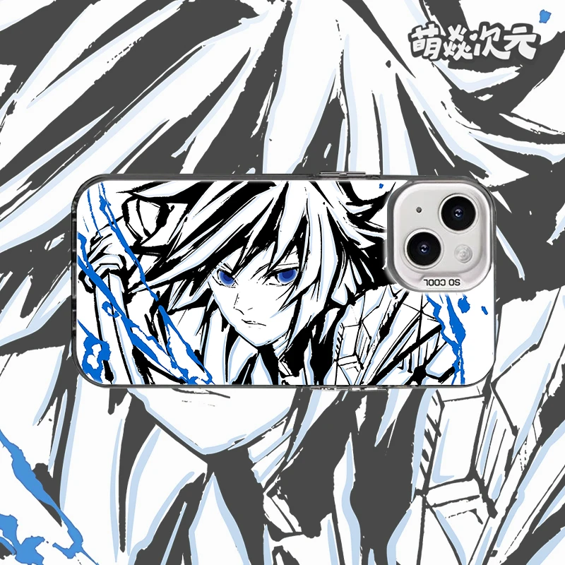 富冈义勇水柱黑白线条反光适用苹果华为VIVO小米OPPO二次元手机壳