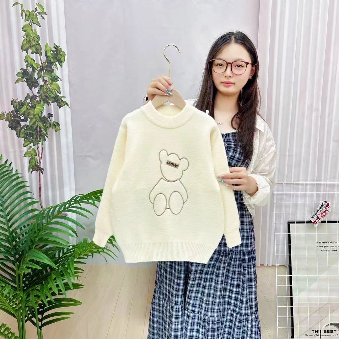 一体绒女童秋冬毛衣卡通套头中大针织衫加绒加厚洋气时尚百搭打底