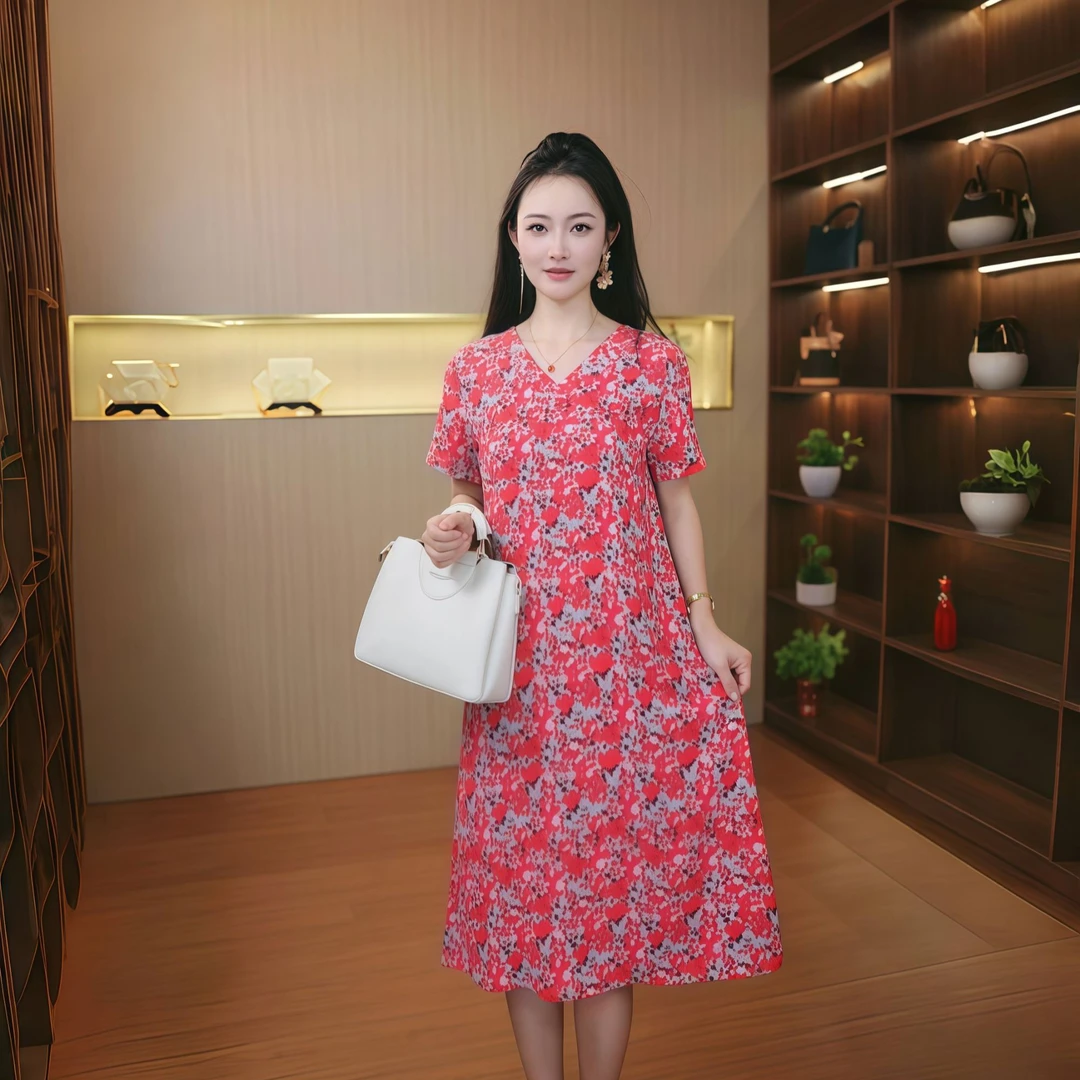 10324-中老年人女短袖连衣裙洋气中长款妈妈装夏季裙子【G仓】