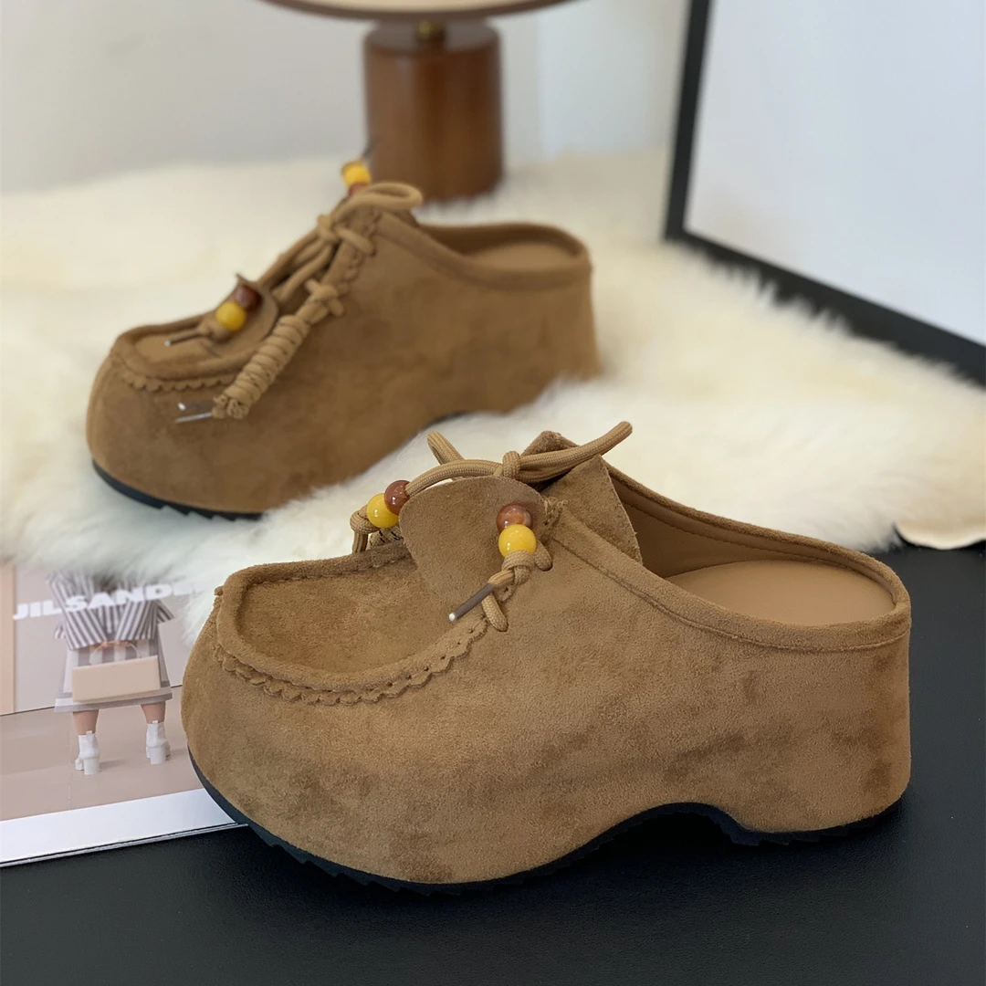 超火增高6cm勃肯鞋外穿女2025秋季新款磨砂绒面系带复古包头半拖