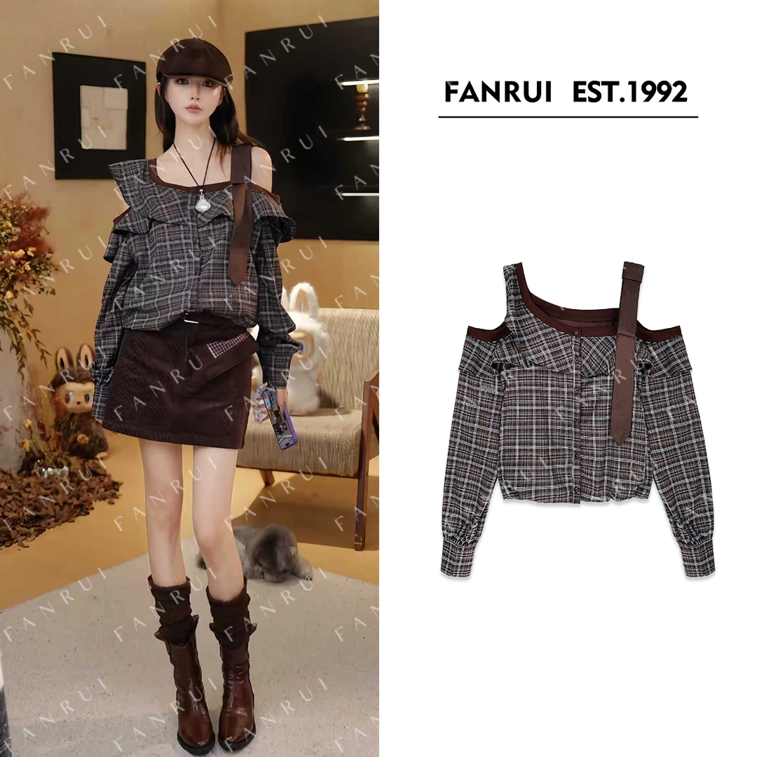 FANRUI/泛芮「贝贝biuu」格纹漏肩洋气百搭显瘦设计感卫衣女B18298