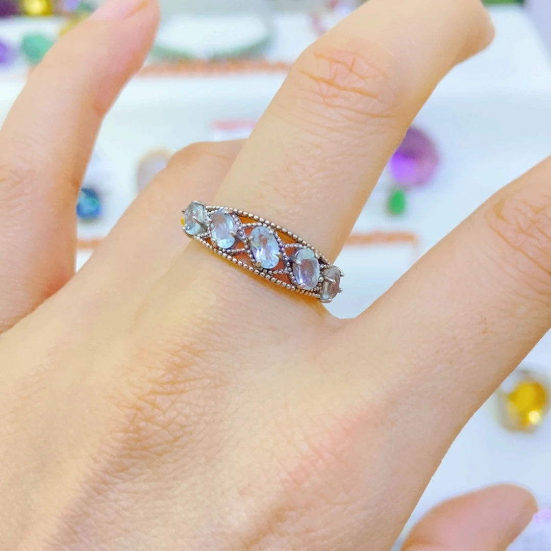 银S925镶嵌戒圈海蓝宝石