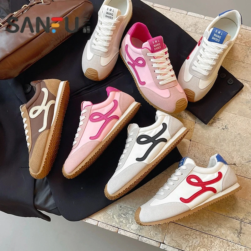 三福25年春新款杨幂同款欧货厚底德训鞋女拼色系带阿甘鞋休闲运动