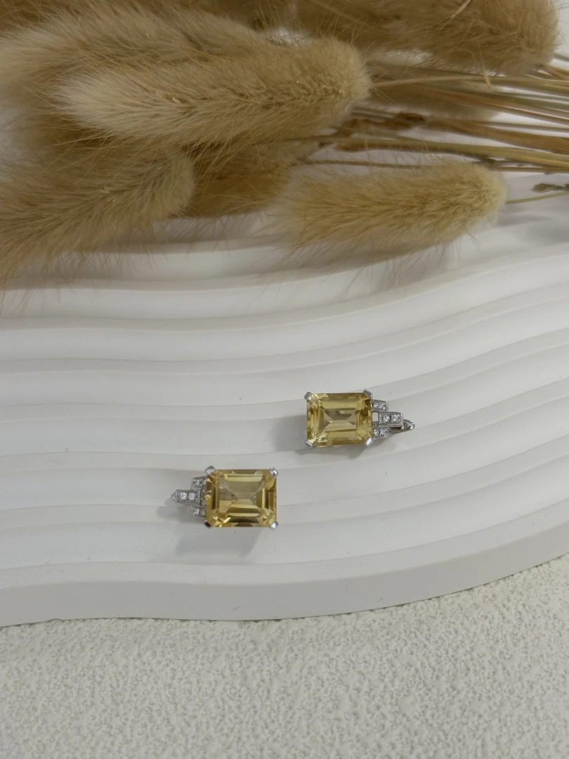 925银耳饰 S925银镀白金方型黄水 晶典雅高贵耳环法式气质