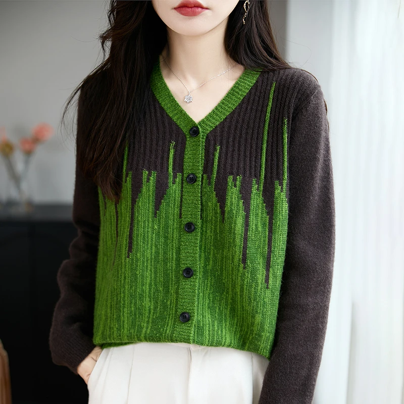 哥弟阿玛施官方新款绿色提花针织开衫2025秋季时尚洋气长袖上衣女