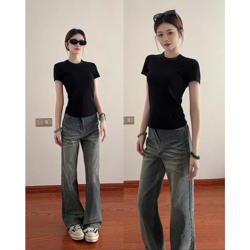 黑色短袖女短款t恤2025新款夏季正肩半袖修身收腰上衣穿搭白紧身m