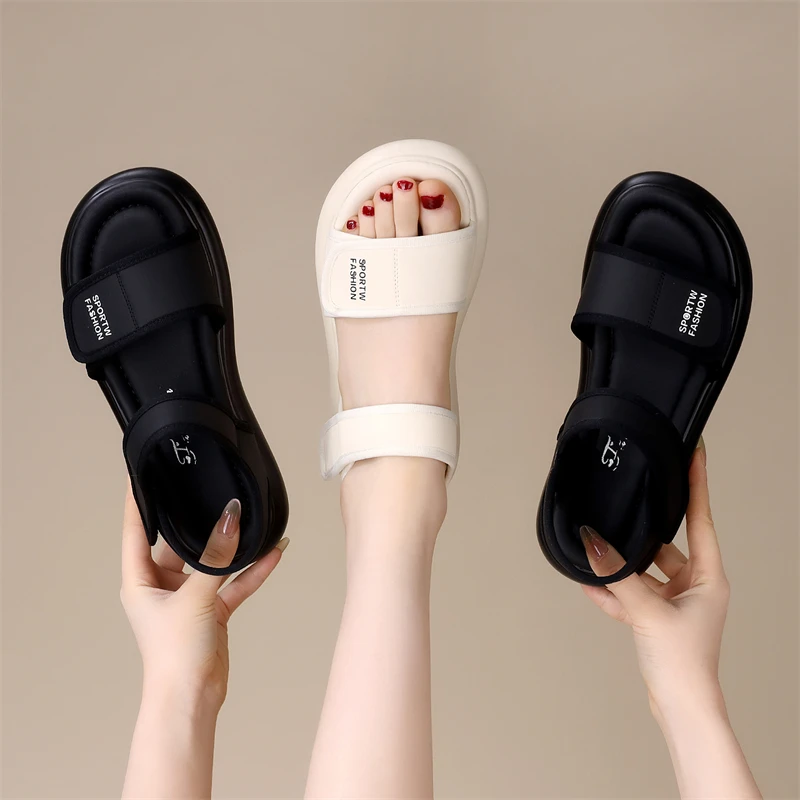 平底运动凉鞋女外穿2025夏季新款百搭软底魔术贴罗马沙滩凉鞋4142