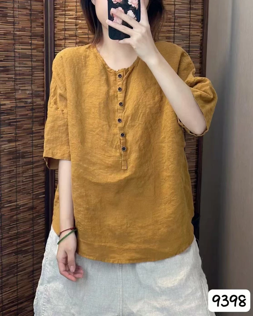 9398砂洗汉麻套头衬衫减龄时尚文艺