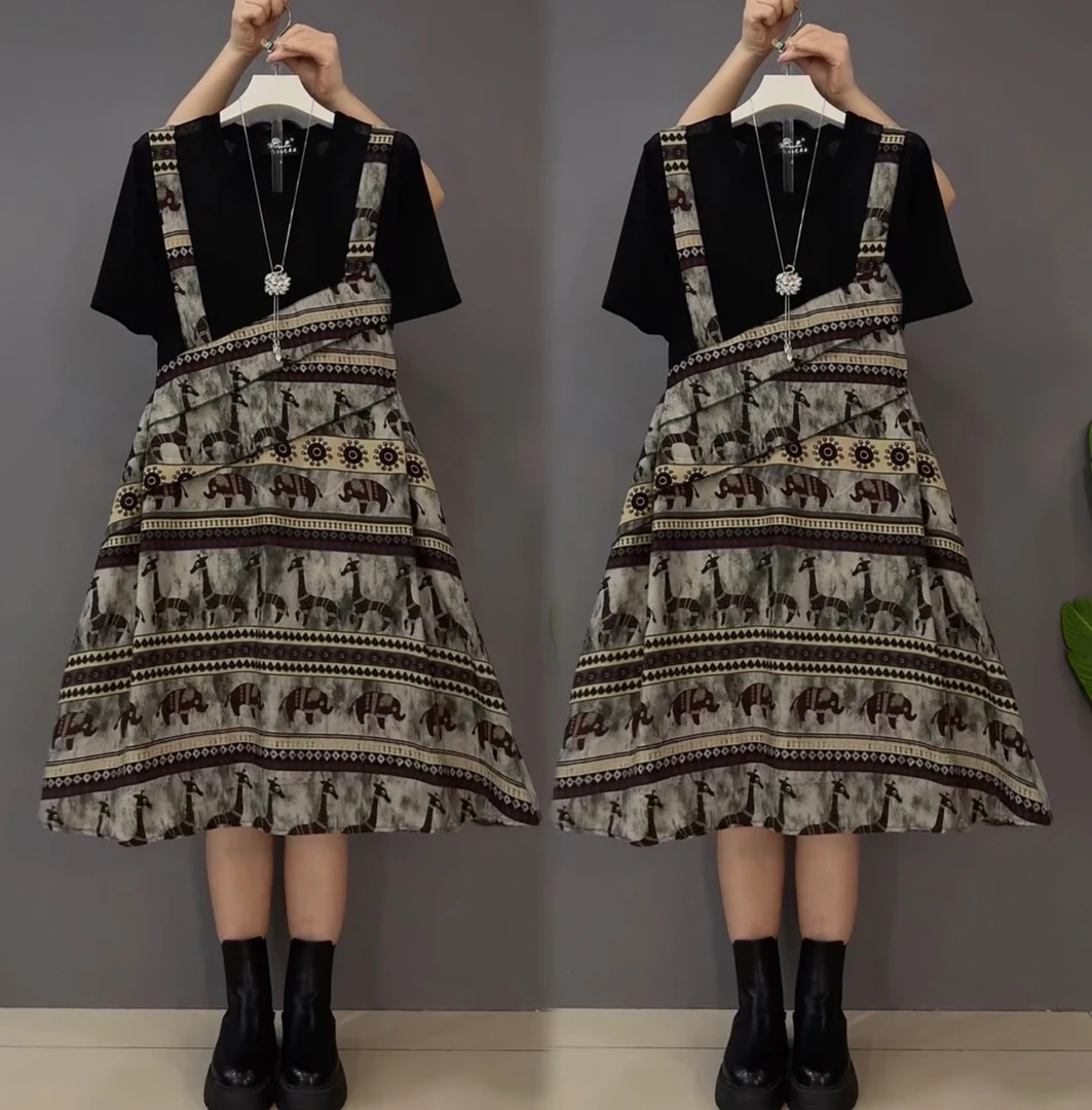 胖妹妹大码女装主人级别裙子假两件连衣裙夏季新款时尚气质A字裙