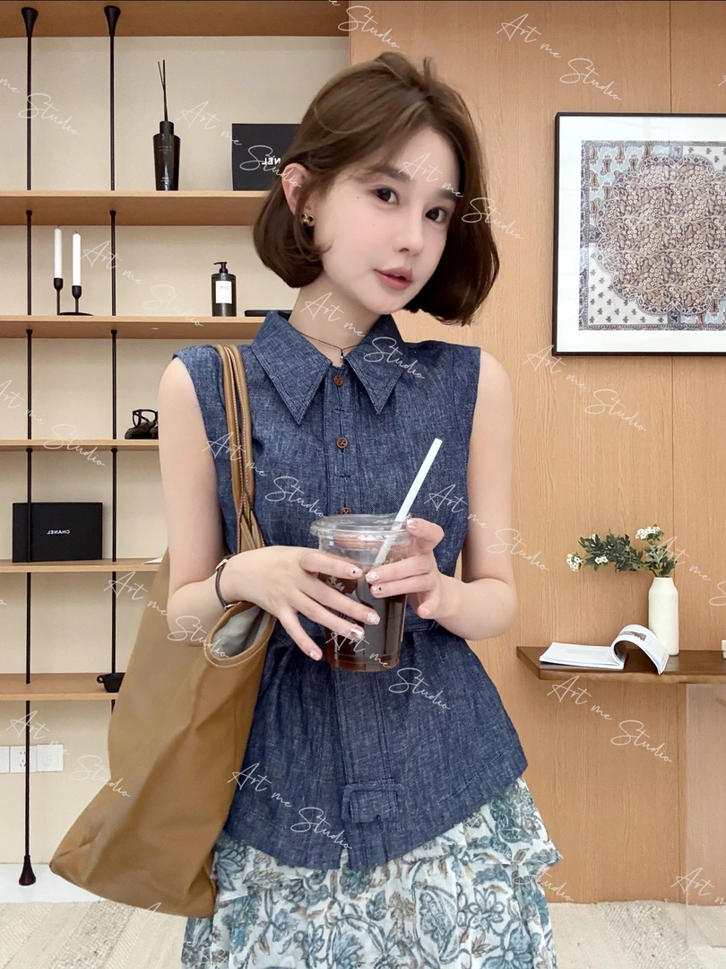 【ART品牌线】100亚麻丹宁牛仔通勤柔软百搭气质收腰马甲w1602w1