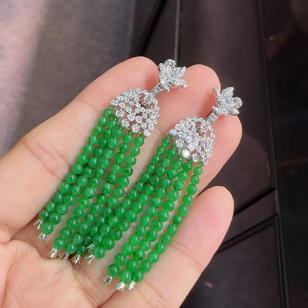 翡翠18K金镶嵌耳坠小米珠