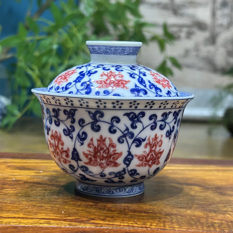 景德镇陶瓷青花釉里红缠枝莲元宝两才盖碗家用高端茶器中式高端