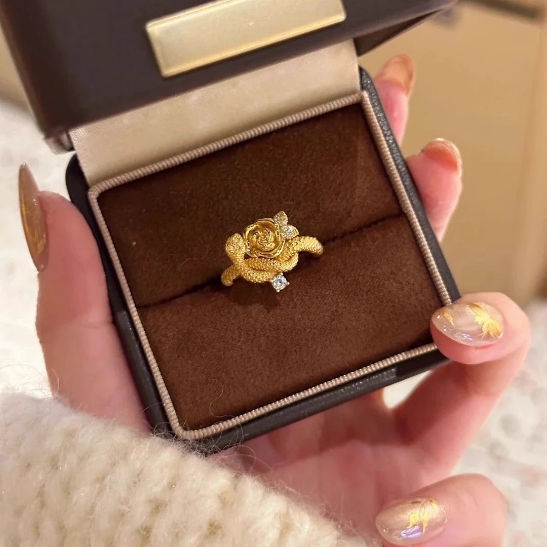 钛钢戒指 本命年招财好运金色蛇形戒指玫瑰与蛇开口戒可调节指环