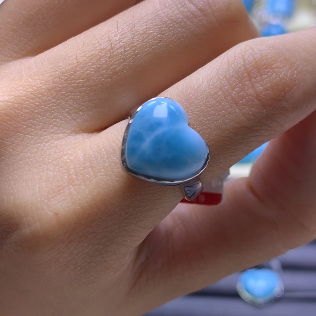 针钠钙石（海纹石）银S925镶嵌戒指爱心戒指色差略异