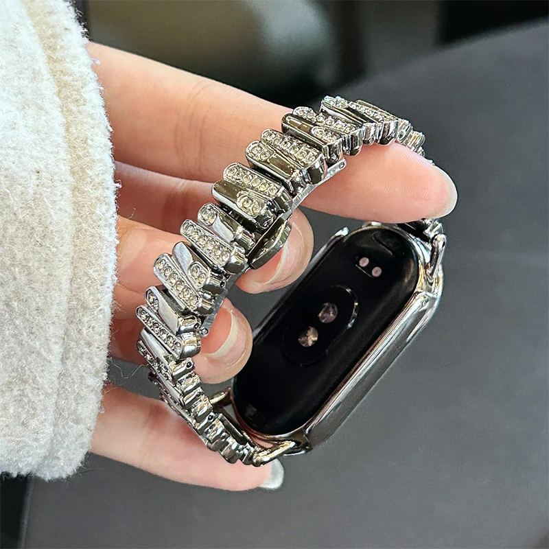 适用小米手环9表带一珠不规则镶钻金属链式7/6/5/4/3nfc版腕带