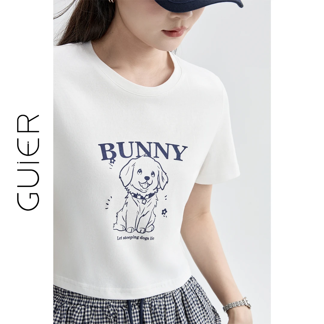 印花短袖T恤女夏季2025新款圆领正肩减龄小个子短款上衣LL0392