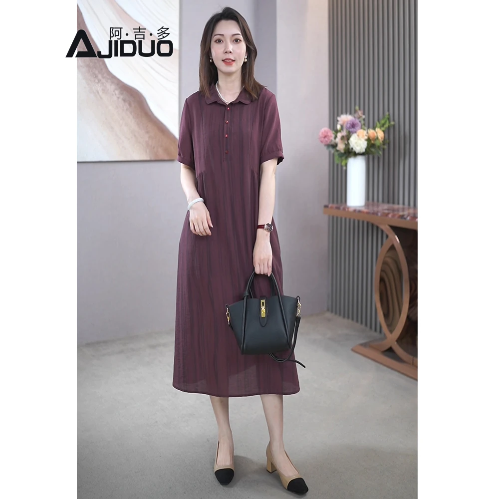 A21656紫红色短袖衬衫连衣裙女夏2025新款妈妈装显瘦翻领中长裙