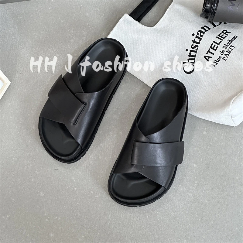 2025夏季新款真皮厚底休闲凉鞋懒人拖鞋女超软底外穿勃肯一字拖鞋
