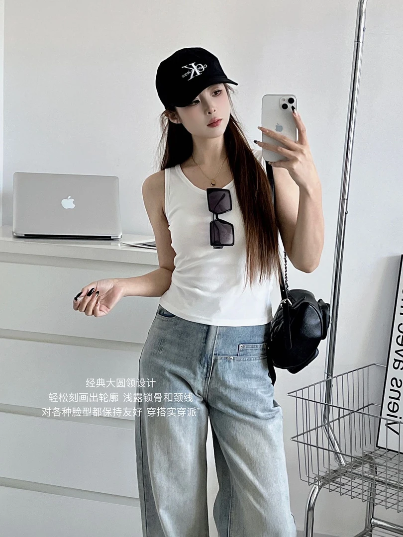 2025百搭螺纹针织棉吊带背心女纯色简约欧若风打底内搭修身显瘦