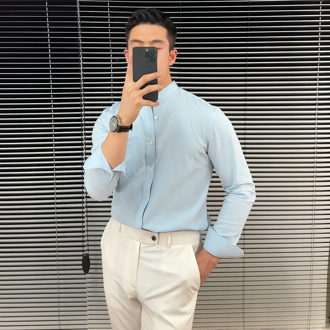 45%棉+锦纶薄款压褶工艺质感纹新中式立领长袖衬衫痞帅休闲衬衣