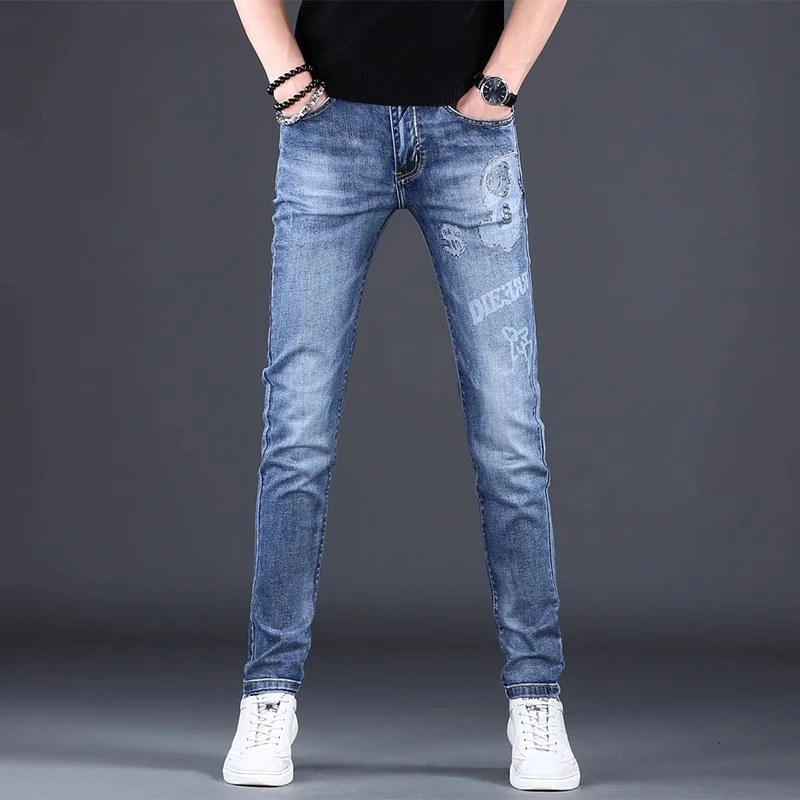 高端时尚潮流男士牛仔裤春季新款弹力修身小脚裤印花休闲百搭长裤