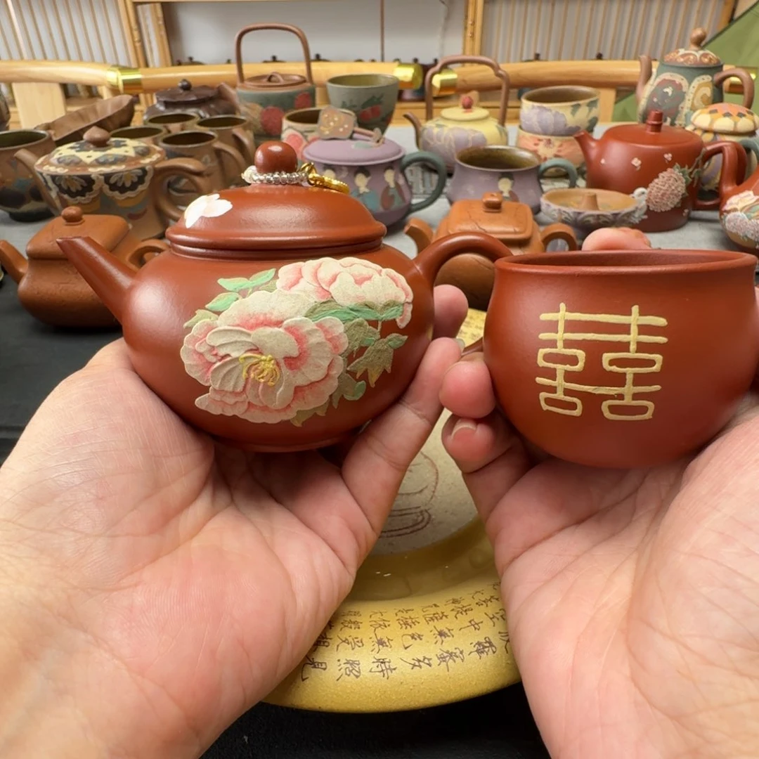 茶壶紫砂水平壶朱泥150毫升送杯子