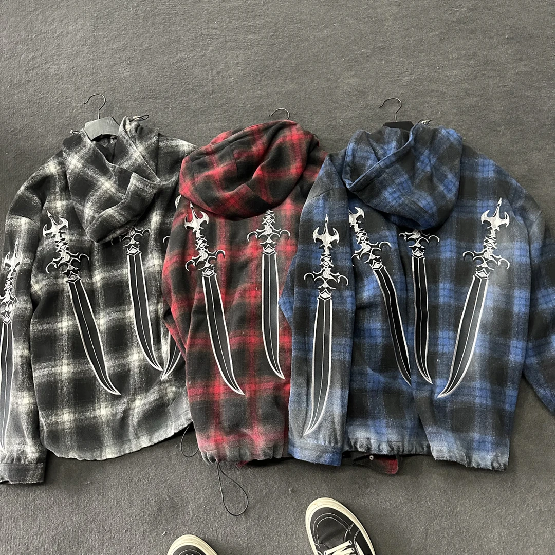 Thugclub 24fw 宝剑圣剑刺绣连帽格子衬衫外套拉链金属做旧磨白