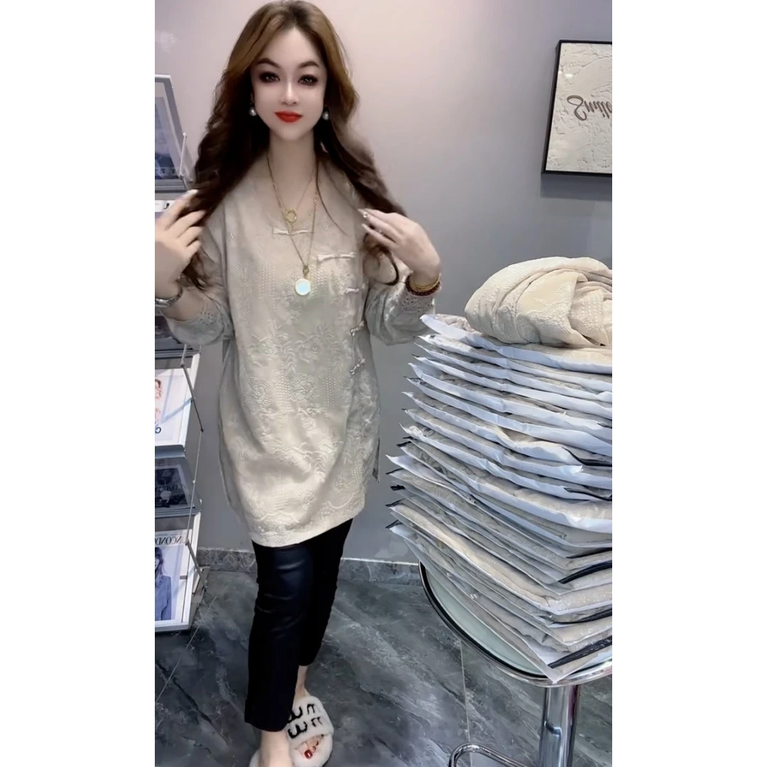 新年新国风打底衫重工提花盘扣工艺宽松显瘦时尚洋气长袖上衣