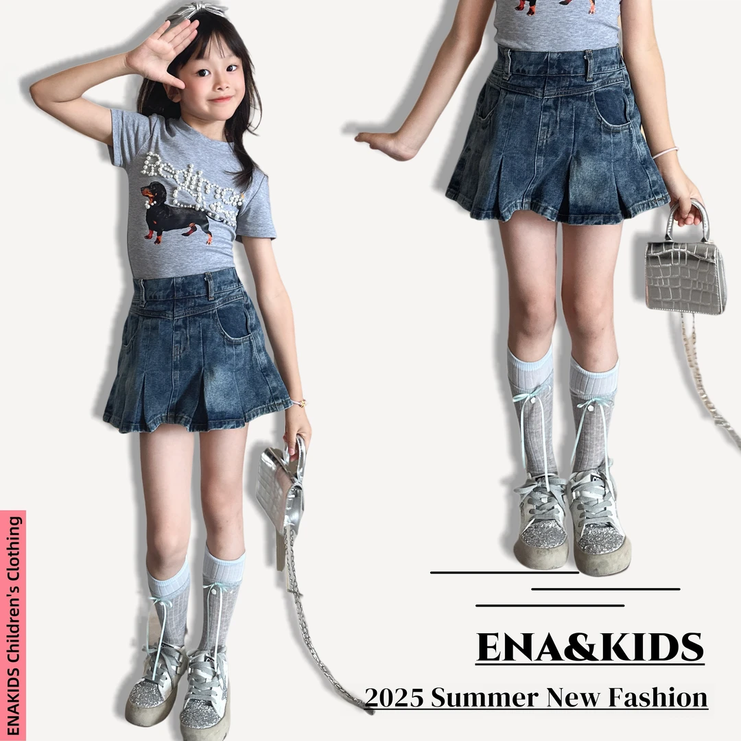 ENA恩娜kids【丹宁浪潮】夏季女童复古百褶牛仔短裙高腰防走光裙裤