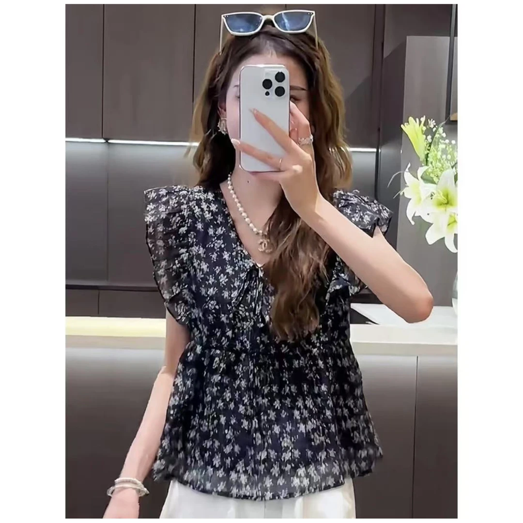 夏季碎花衬衫2025新款法式无袖荷叶小衫时尚设计雪纺上衣