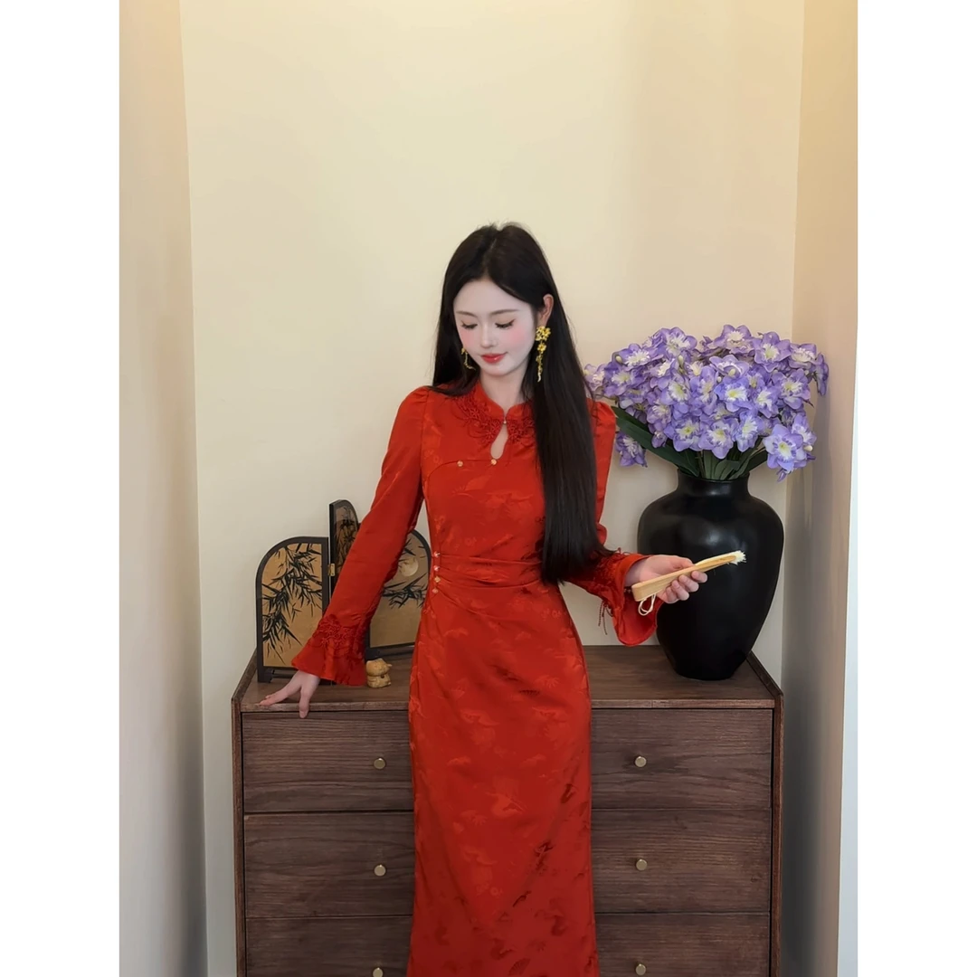 【月盏】<77>新中式蕾丝拼接提花收腰旗袍连衣裙XMZH9751