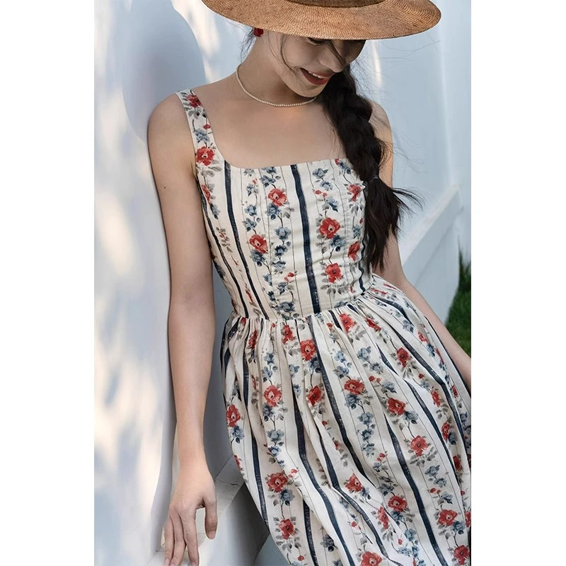 Ching's 复古青花瓷花瓶方领棉连衣裙 绑带高腰印花郁金香花苞裙