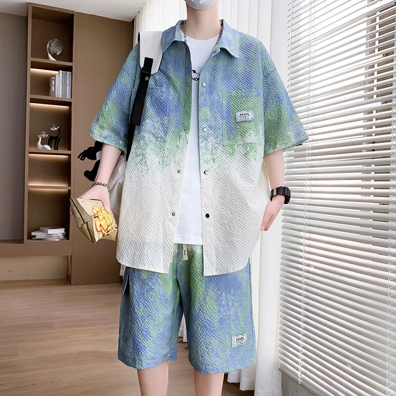 渐变色帅气衬衫短袖套装男2025夏季新款青少年宽松T恤短裤两件套