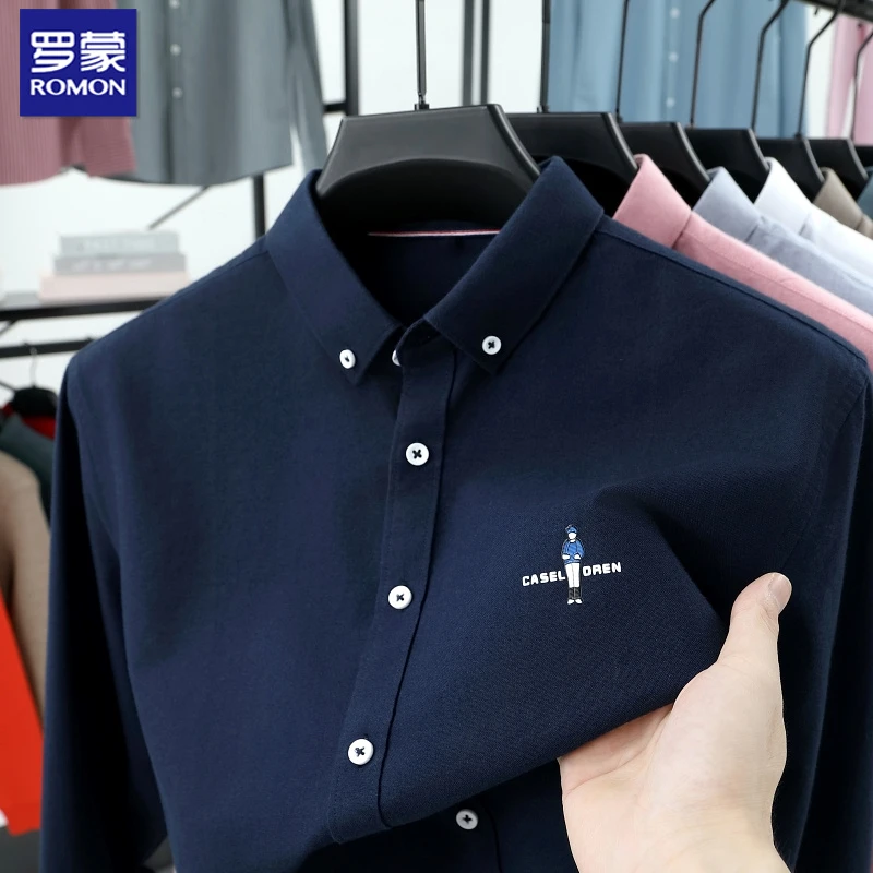 罗蒙纯色男士牛津纺磨毛绣花衬衫春秋季新款中青罗蒙纯棉磨毛衬衫