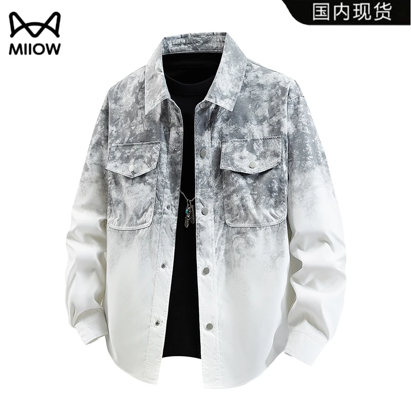 猫人衬衫牛仔外套秋季渐变潮牌扎染牛仔衬衫春季潮流男装脏脏风